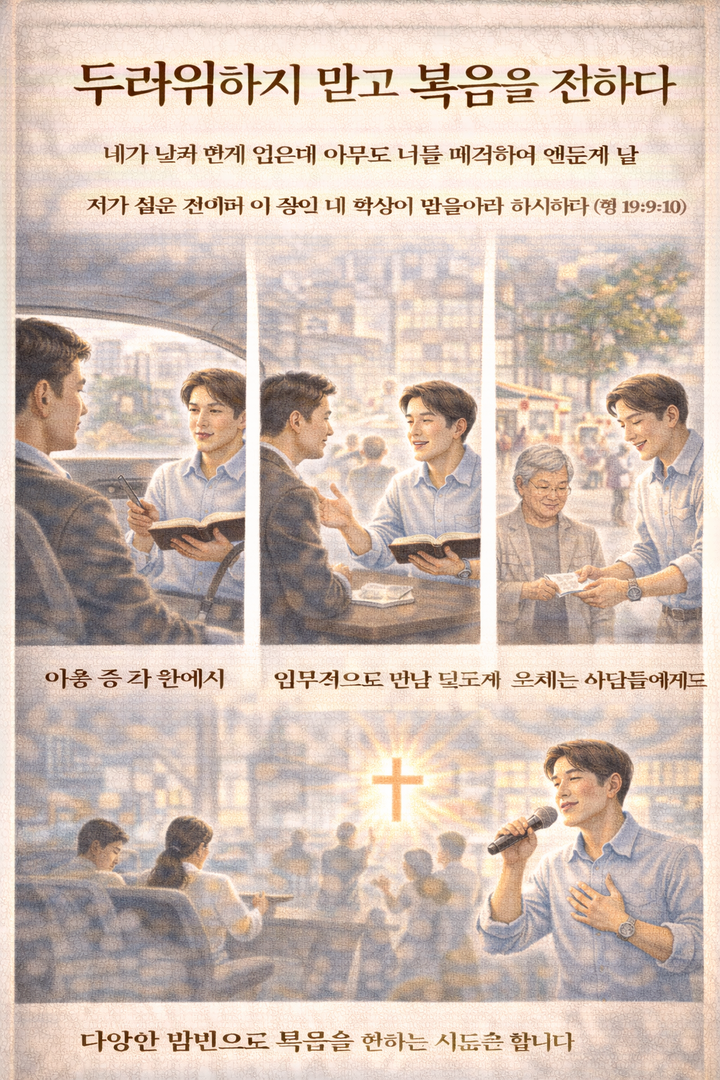 행19:9-10 말씀에서, 하나님께서는 아무도 나를 다치게 하지 않으니 두려워하지 말고, 침묵하지 말고 말할 것을 도전하시며 격려하시는 것을 보며, 저도 두려워하지 말고 오늘 복음 전하는 다양한 시도를 할 것을 적용하겠습니다. 이동하는 차 안에서, 업무적으로 만나는 분들, 다양하게 스치는 분들께 복음 전하려는 시도를 하는 모습입니다.