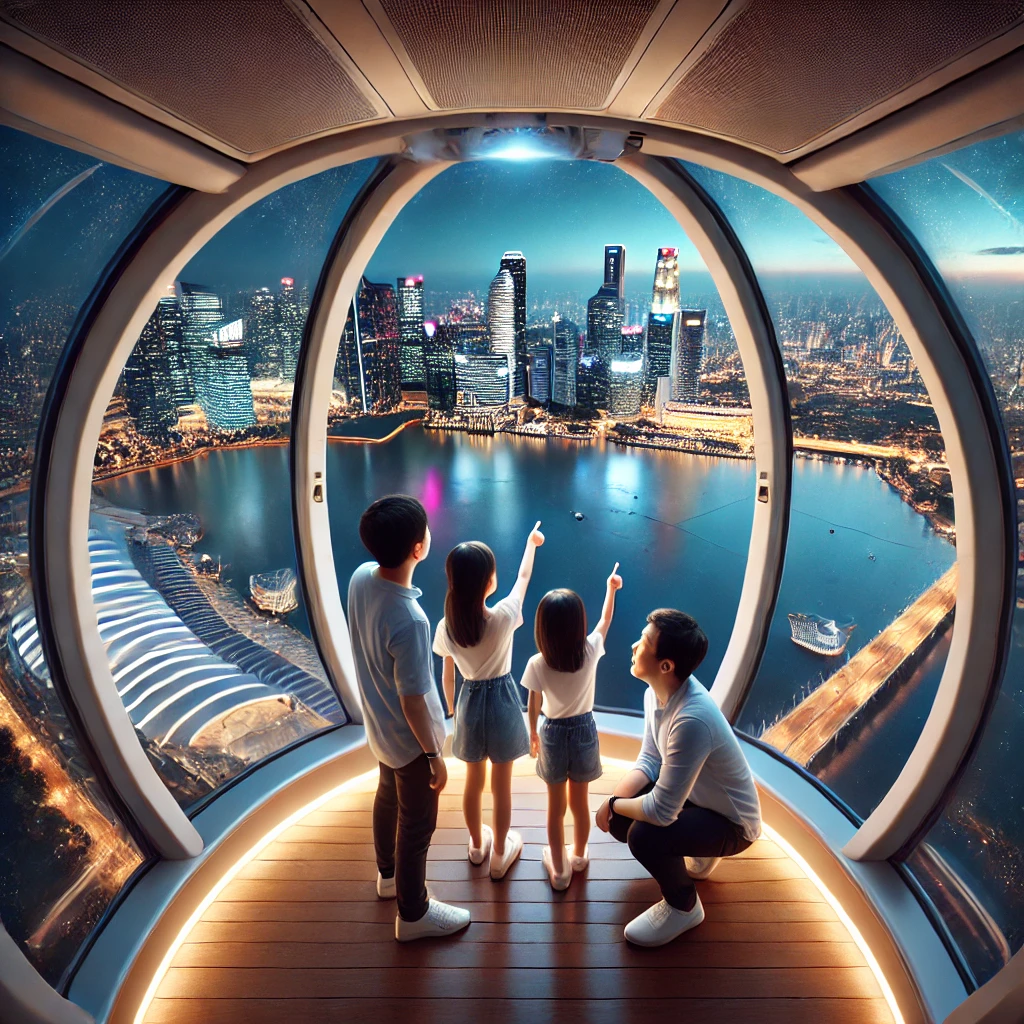 플라이어 탑승 캡슐에서 마리나베이 야경을 감상하는 가족