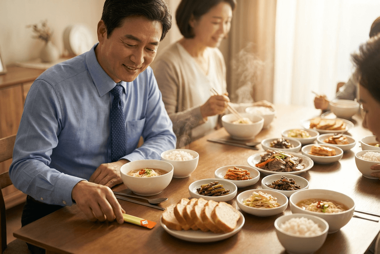 따뜻한 햇살이 들어오는 식탁에서 정장 차림의 한국인 중년 남성이 가족과 함께 밥과 국, 여러 가지 한식 반찬과 빵이 가득 차린 식사를 즐기며, 식사 앞에서 작은 스틱형 보조식품을 집어 들고 미소 짓고 있는 모습.