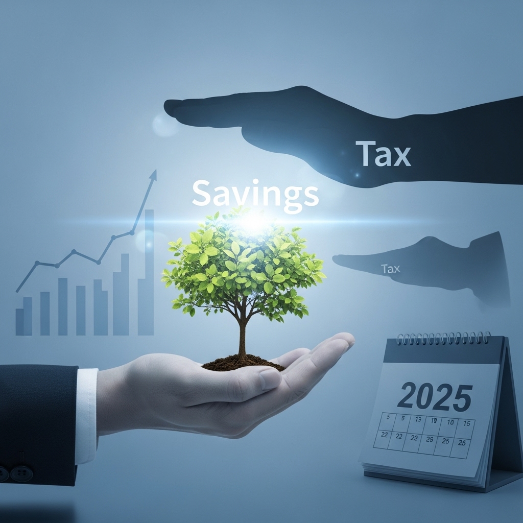 2025년 배당소득 분리과세로 세금을 절약하는 개념 이미지. 돈나무를 세금으로부터 보호하는 손이 보이며, 뒤로는 성장 그래프와 2025년이 표시된 달력이 있다.