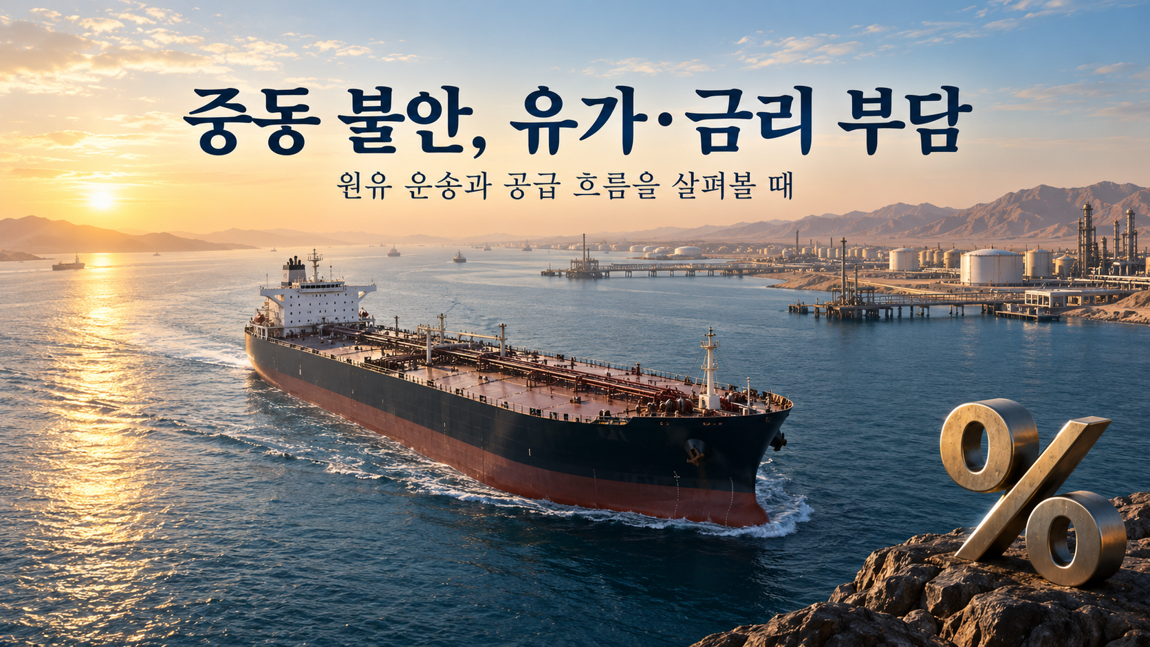 원유 운반선과 해안 정유시설, 금리 기호를 배치해 중동의 원유 공급 불안과 유가·금리 부담을 표현한 설명 이미지