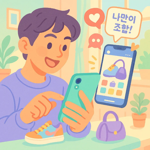 스마트폰을 들고 커스터마이징 앱을 사용하는 아이가 다양한 색상의 가방과 운동화를 조합하며 즐거워하는 모습, 배경은 식물로 꾸며진 따뜻한 실내 공간