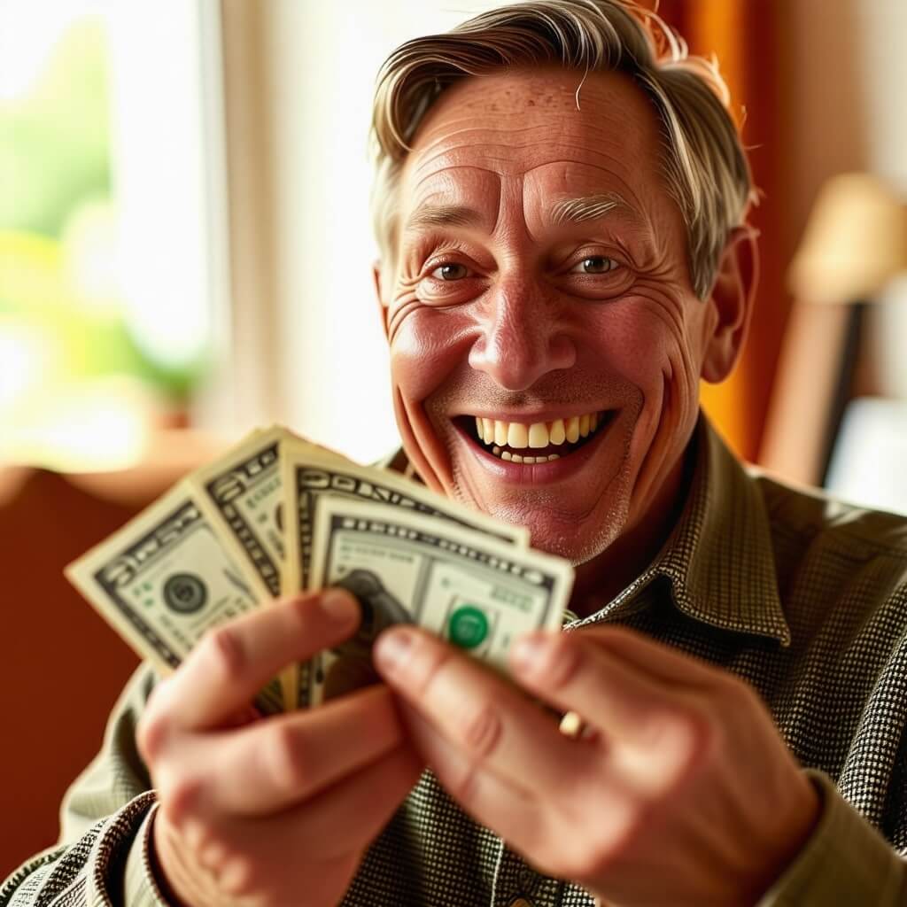 연금 수령: 연금을 수령하는 사람의 손에 돈이 들어 있는 모습. 행복한 표정이 강조됨.