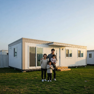 새롭게 지어진 최신식 모듈러 주택 앞에서 환하게 웃는 이재민 가족의 모습