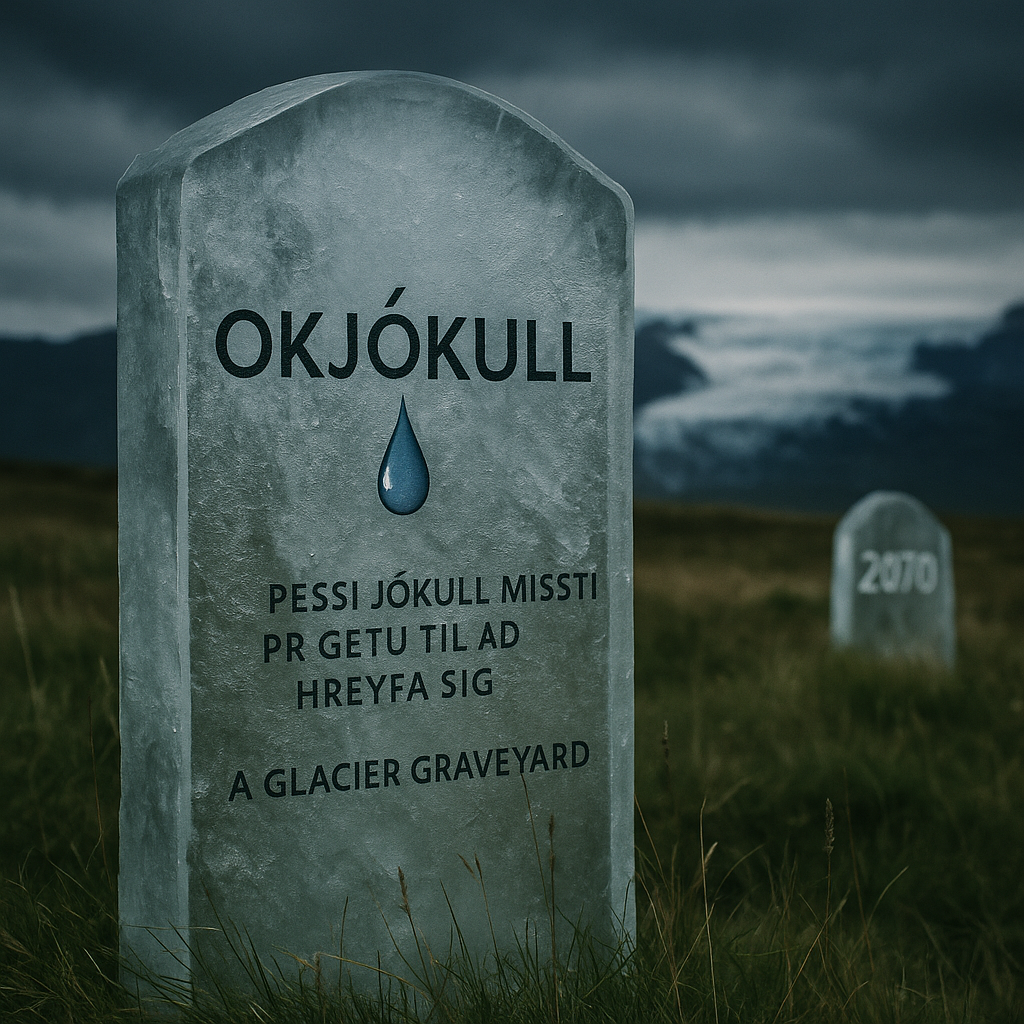 아이슬란드 오크요쿨(Okj&ouml;kull) 빙하 묘지의 얼음 묘비. 묘비에는 &ldquo;이 빙하는 움직일 수 있는 능력을 잃었다&rdquo;라는 문구와 함께 &lsquo;빙하 묘지(A Glacier Graveyard)&rsquo;라는 글이 새겨져 있다. 이는 지구 온난화와 기후변화로 사라진 빙하를 기리는 상징물이다. [사진 출처: 챗GPT AI 생성]
