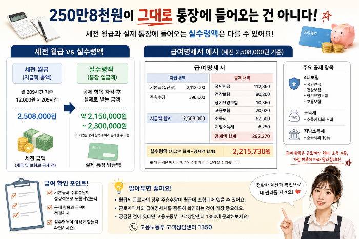 알바 주5일 월급 250만8천원에서 4대보험과 세금 등 공제 후 실제 실수령액이 달라질 수 있어 급여명세서를 확인하는 모습
