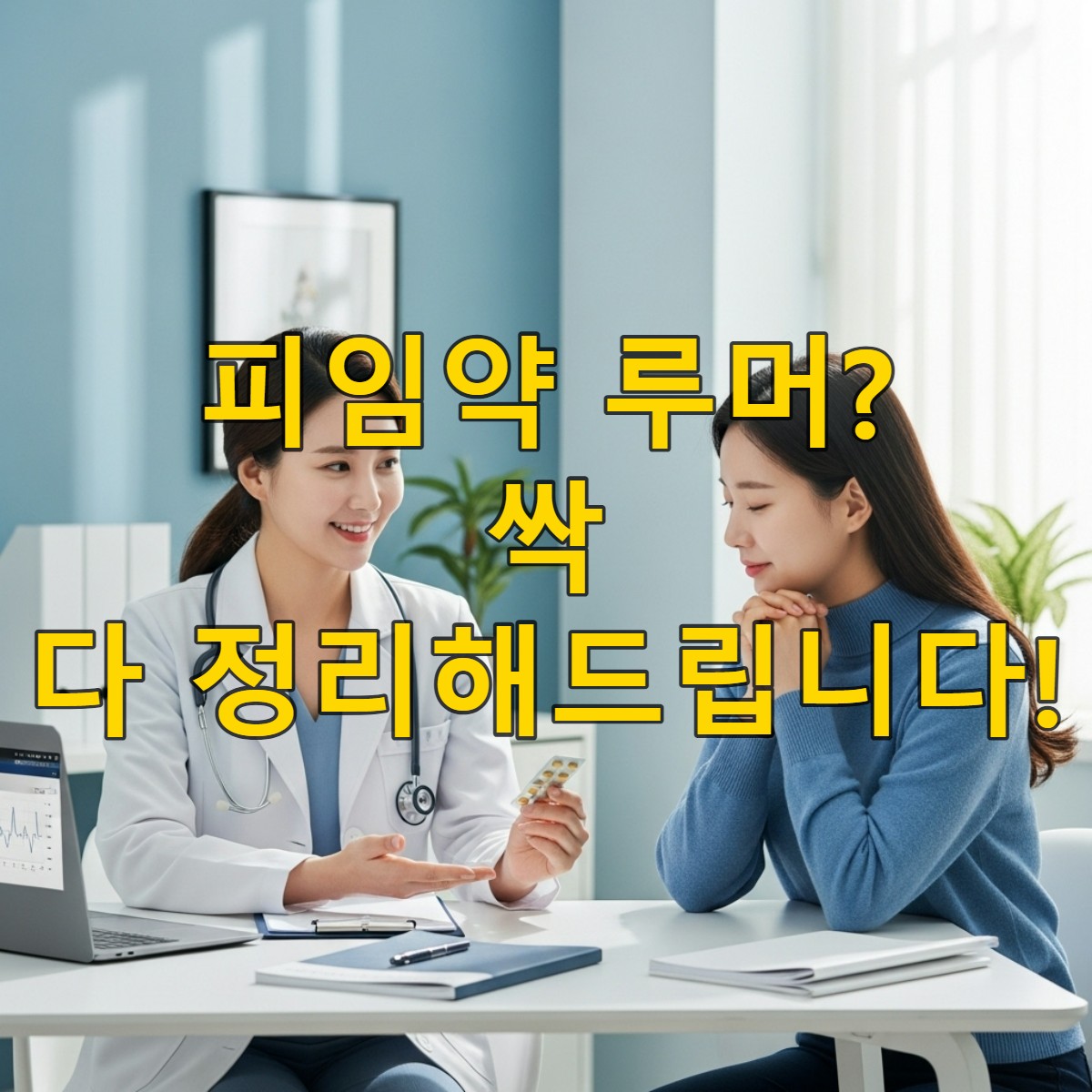 2026년 최신 경구 피임약 정보를 친절하게 설명하는 한국인 여성 의사와 경청하는 환자