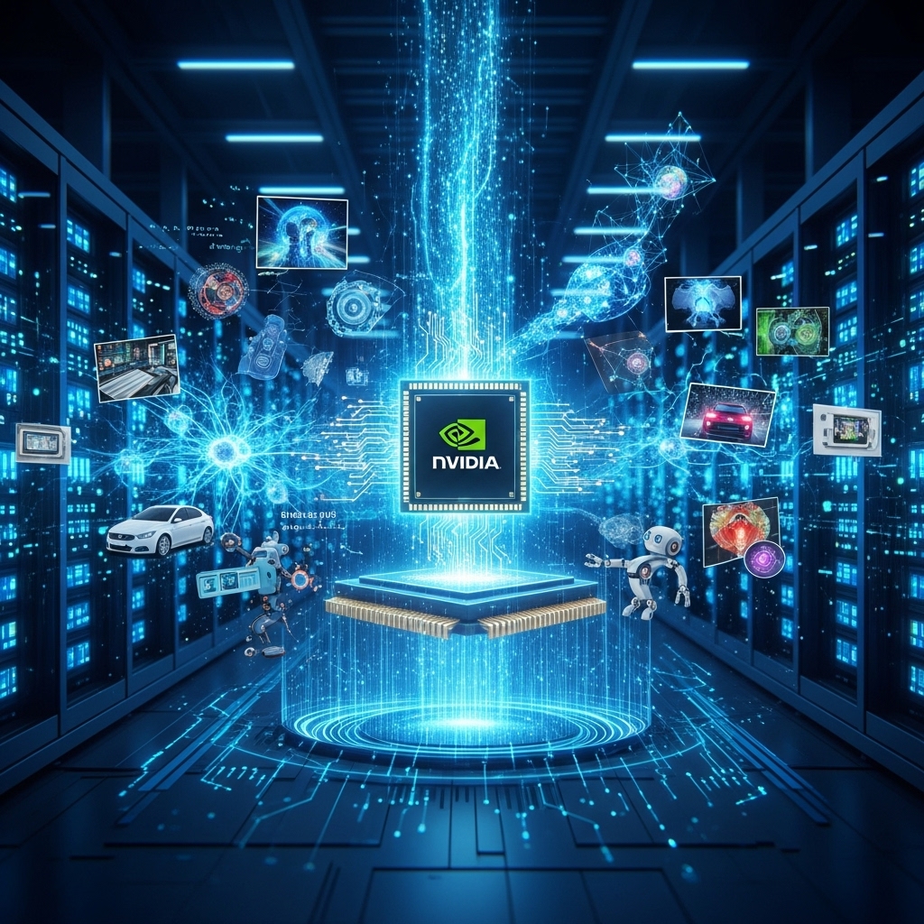 블랙웰 아키텍처 기반의 강력한 엔비디아 GPU 칩이 빛나며, 데이터센터, 자율주행차, 로봇, 의료 AI 등 다양한 인공지능 응용 분야를 상징하는 요소들이 주변에 역동적으로 펼쳐져 있습니다. 미래 지향적이고 기술적인 분위기가 강조된 이미지입니다.