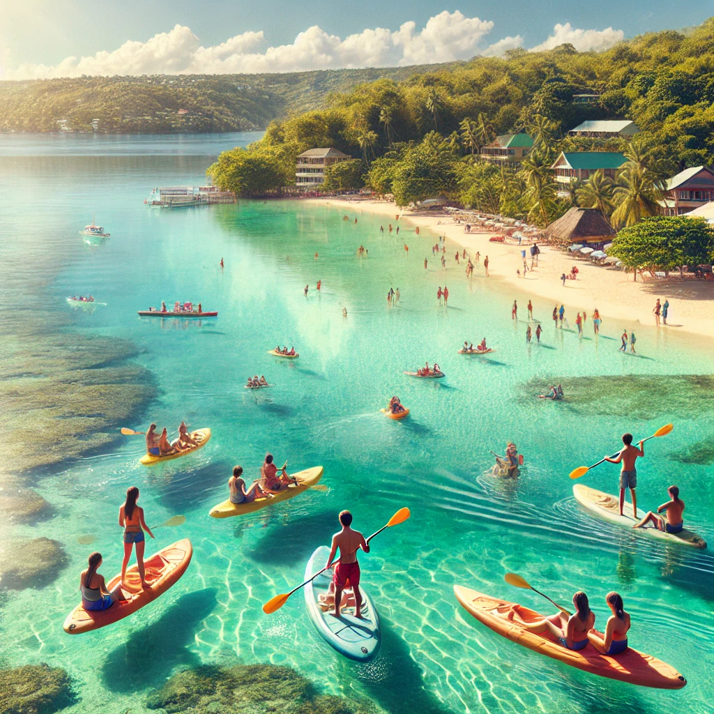 세부의 맑은 바다 위에서 카약과 패들보드를 즐기는 사람들, 에메랄드빛 물과 해변의 조화로운 풍경