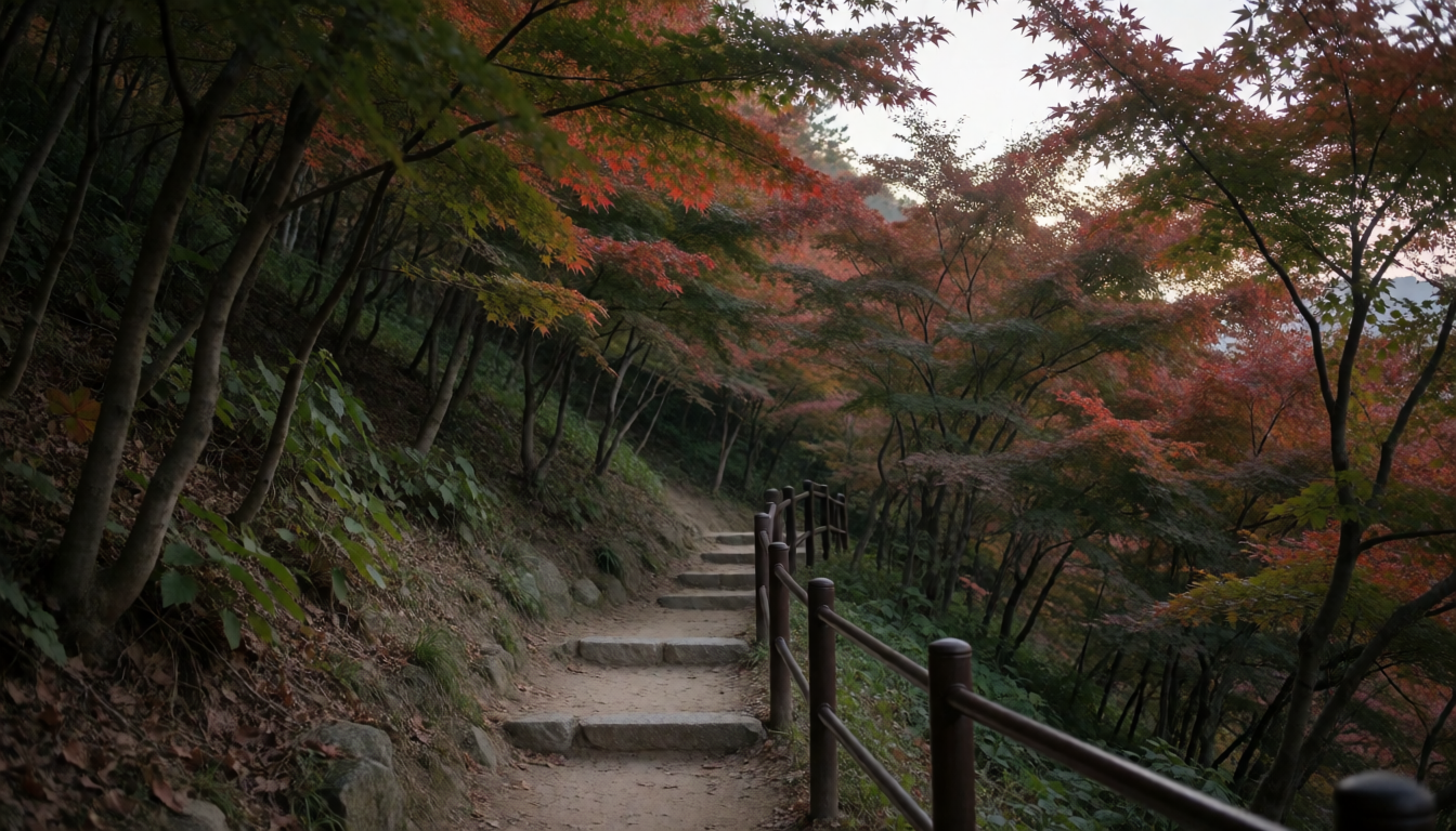 붉은 단풍 숲 사이 돌계단과 난간이 있는 산길