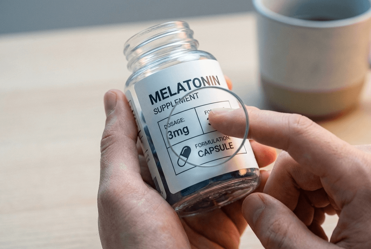멜라토닌 제품 라벨에서 용량(mg)과 제형 표기를 확인하는 장면. 멜라토닌 선택 기준을 상징하는 깔끔한 클로즈업.