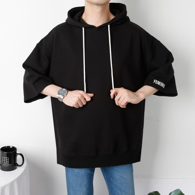 남자 후드티 남자 오버핏 반팔 후드티 두꺼운 7부 커플