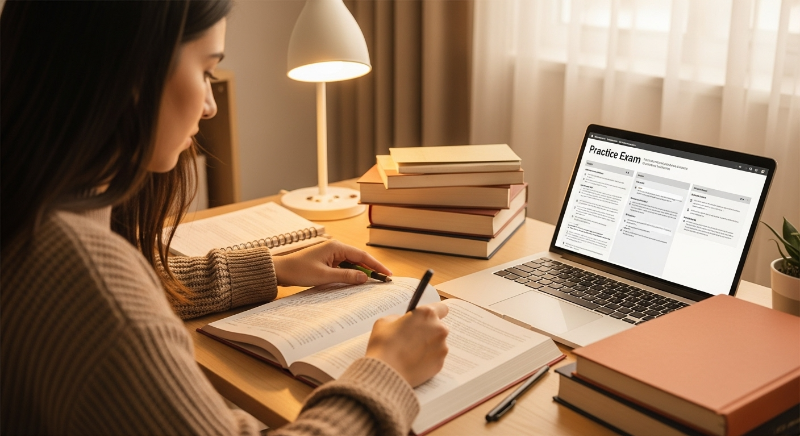 책상에 앉아 기출문제를 풀고 오답 노트를 정리하며 유통관리사 시험을 준비하는 학생의 모습.