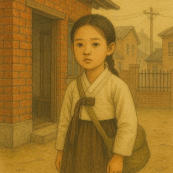일제강점기 배경 속, 전통 한복을 입은 어린 명혜가 벽돌 건물 앞에서 담담한 표정으로 서 있는 모습