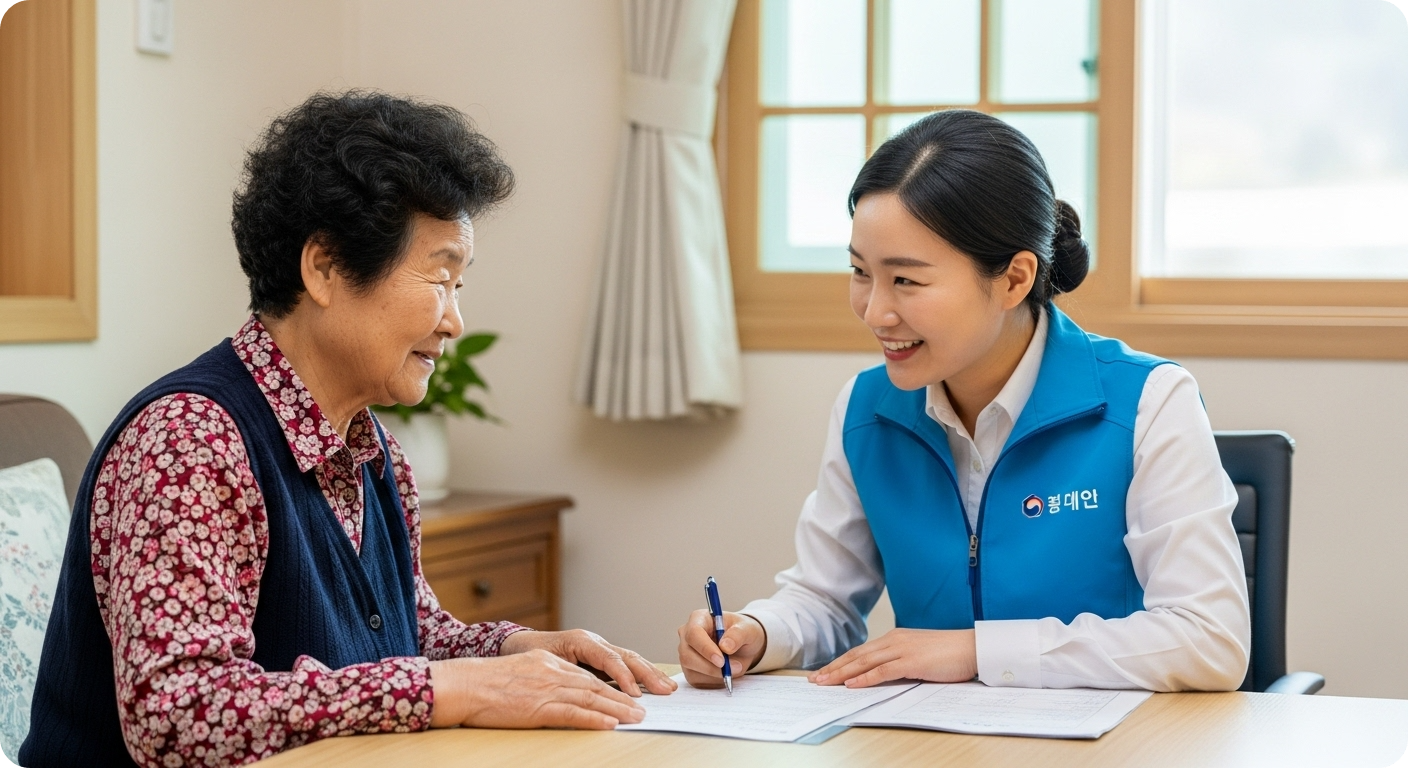 거동 불편한 어르신이 찾아가는 민생회복지원금 신청 서비스로 도움을 받는 모습.