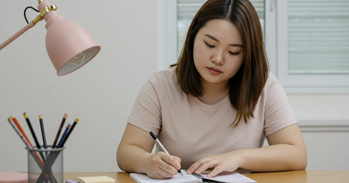 다이어리에 글을 작성하고있는 여성 이미지