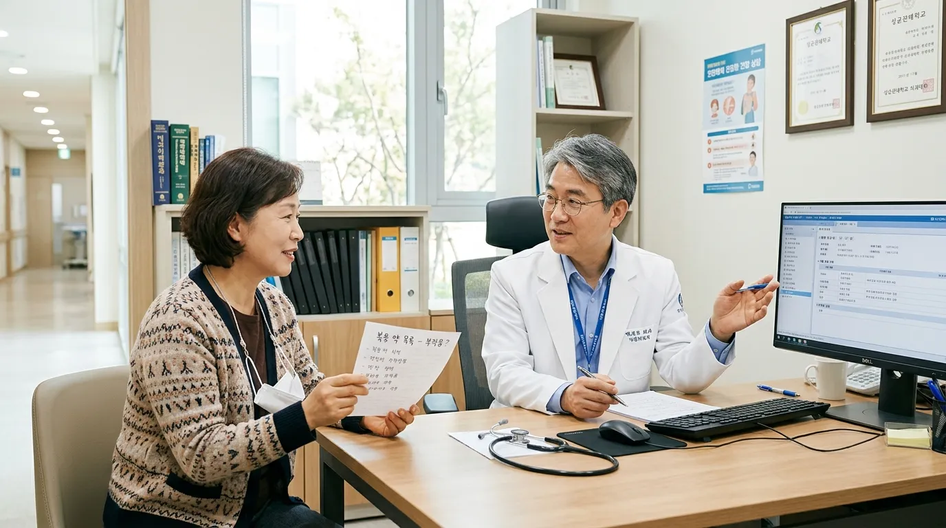진료실에서 의사와 고혈압약 부작용에 대해 상담하는 환자