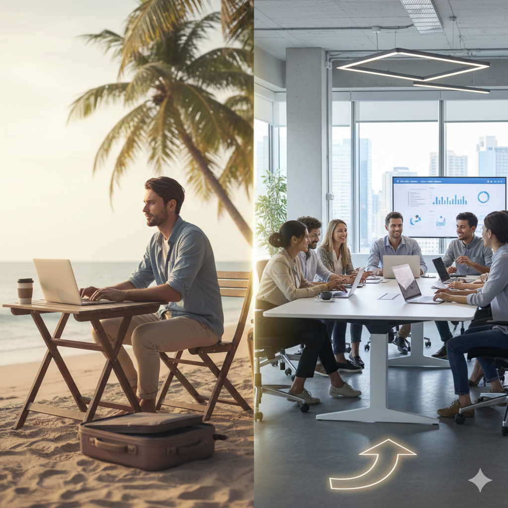 해변에서 노트북으로 작업하는 남자의 모습과 사무실에서 여러 사람이 회의하며 작업하는 모습이 대비되는 이미지. 이는 디지털 노마드에서 하이브리드 근무로의 전환을 상징하며, 두 장면 사이에 상승하는 화살표가 놓여있어요.