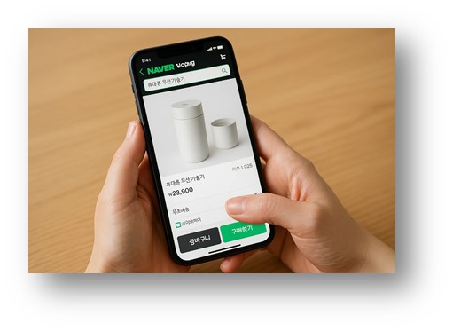 네이버쇼핑 앱을 스마트폰에 설치한 후 물건을 사는 장면