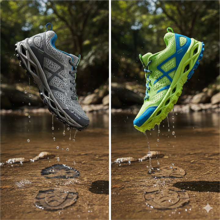 물에 젖어 무거워진 일반 운동화와 대비되는 워터젯 신발