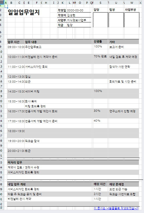 일일 업무일지 서식 상세 내용