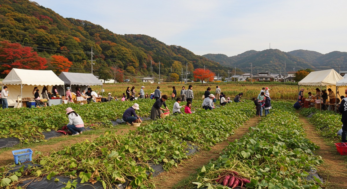 2025년 가을 처음으로 열리는 제1회 해남 고구마 정원 축제에 방문한 사람들이 활기찬 분위기 속에서 축제를 즐기고 있다.