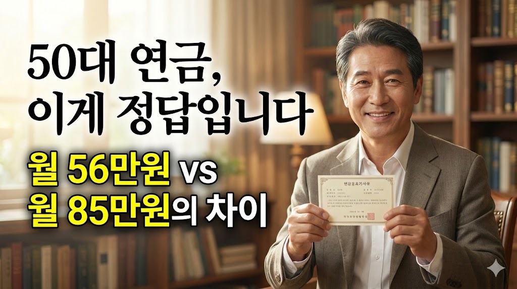 연금 수령액의 차이를 강조한 텍스트와 안심하는 중년의 모습