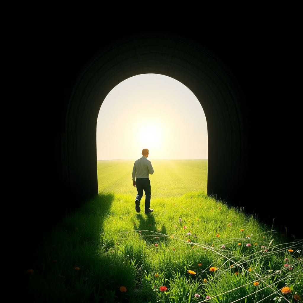 어두운 터널을 지나 밝은 햇살이 비치는 들판으로 나아가는 사람의 모습. 희망과 미래에 대한 기대를 표현합니다.