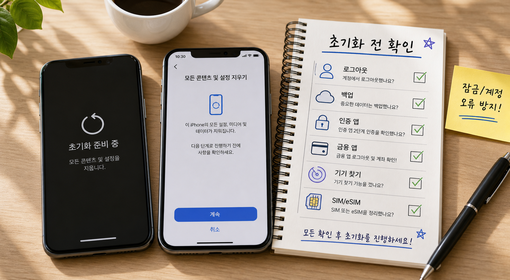 휴대폰 초기화 전 계정 로그아웃 백업 인증 앱 금융 앱 기기 찾기 SIM 확인 항목을 체크하는 대표 이미지