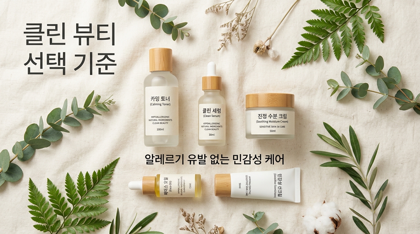 린넨 원단 위에 놓인 순하고 안전한 클린 뷰티 제품들과 초록빛 식물 잎사귀. '클린 뷰티 선택 기준', '알레르기 유발 없는 민감성 케어'라는 문구를 통해 민감성 피부를 위한 현명한 화장품 선택의 중요성을 시각화함.