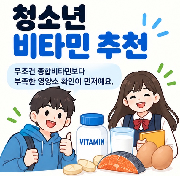 청소년과 비타민 알약 우유 생선 달걀 아이콘을 중심으로 청소년 비타민 추천 문구를 보여주는 대표 카드뉴스 이미지