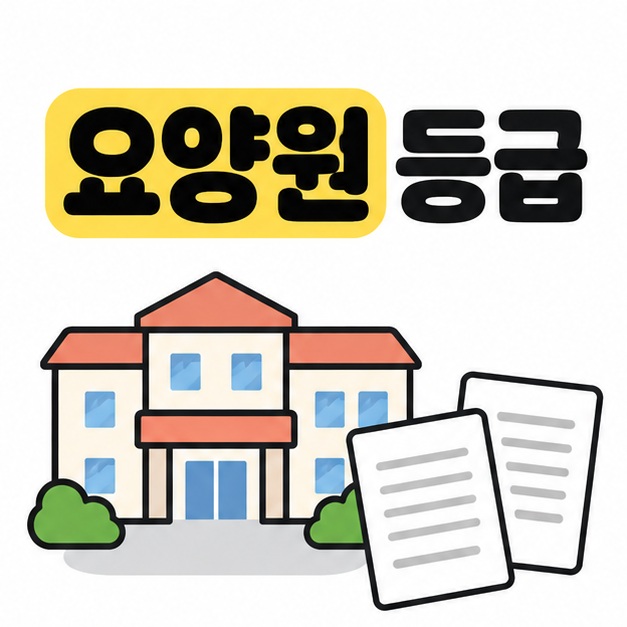 요양원 등급 제목 아래 요양시설 건물과 두 장의 문서를 배치한 대표 이미지