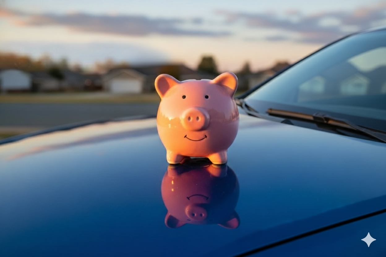 해질 녘 주택가를 배경으로, 윤이 나는 파란색 자동차 차체 위에 놓인 분홍색 돼지저금통