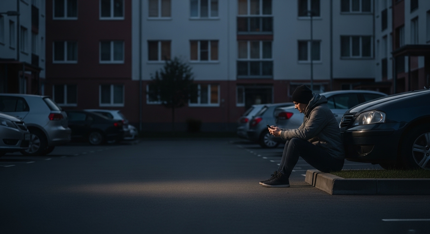 어두운 아파트 주차장에서 후회하는 표정으로 앉아있는 사람과 파손된 차량을 보여주는 이미지. 음주운전 후 발생할 수 있는 막대한 피해와 후회, 그리고 민형사상 책임을 암시합니다.