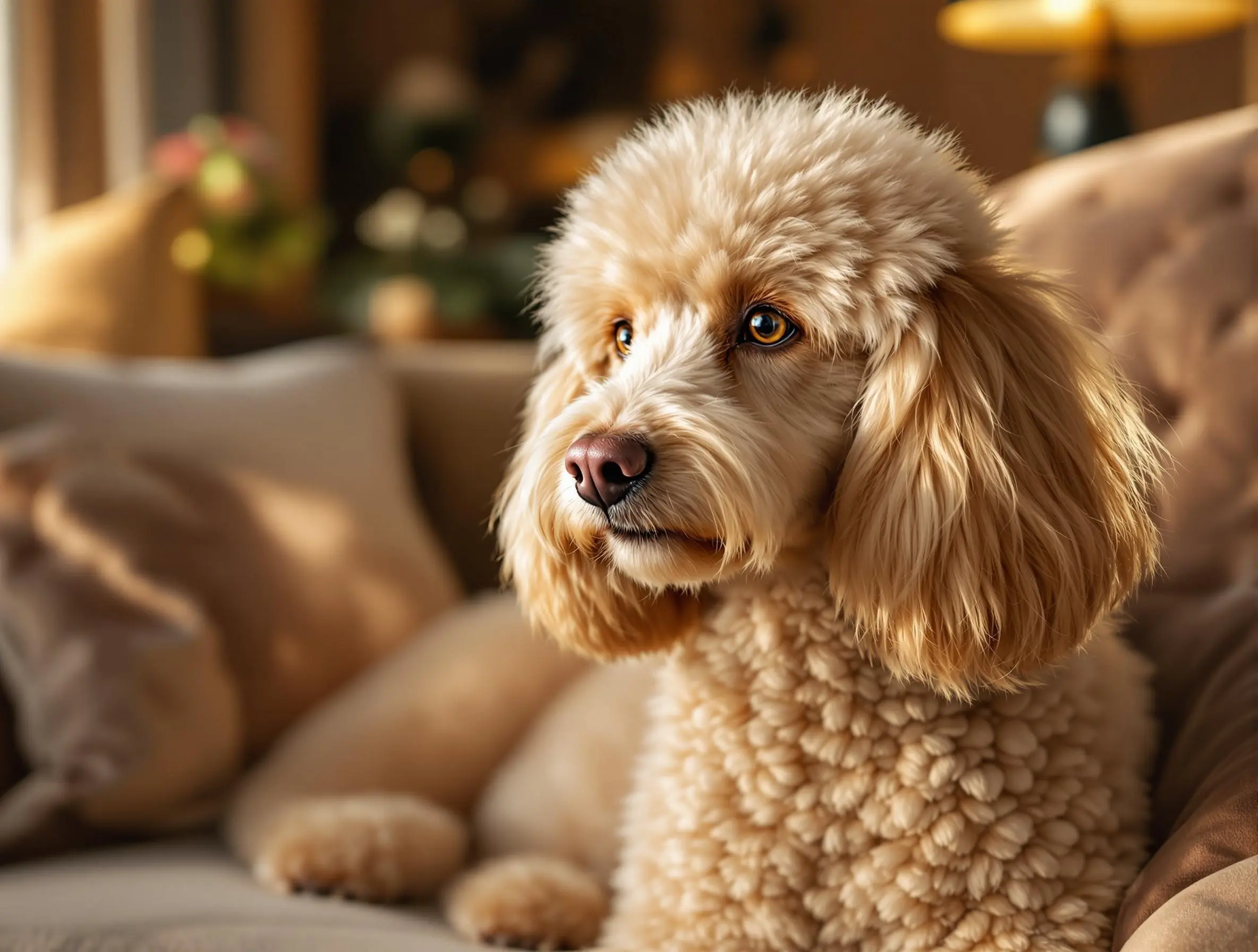 심장병을 가진 노령 푸들 강아지가 편안한 소파 위에서 쉬고 있는 모습