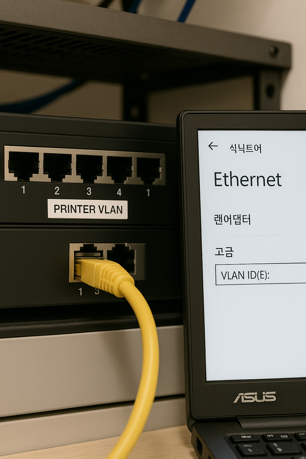 PRINTER VLAN 라벨이 붙은 스위치 포트에 연결된 이더넷 케이블과 모니터의 VLAN 설정 화면