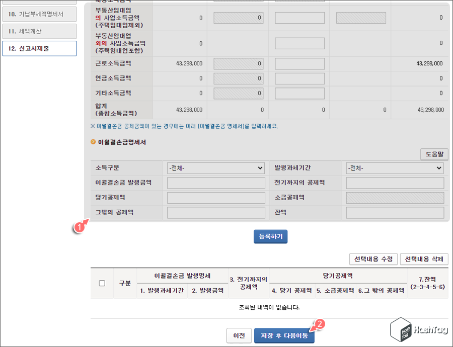 종합소득금액 및 결손금