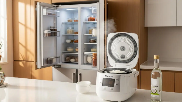 식탁위 밥솥에서 김이 올라오고 있고, 그 옆에 코코넛 오일 병이 놓여져 있음