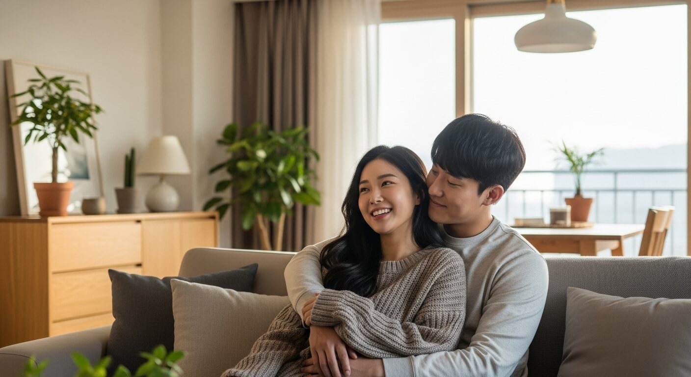 아파트 거실에서 포옹하며 웃고 있는 청년 부부
