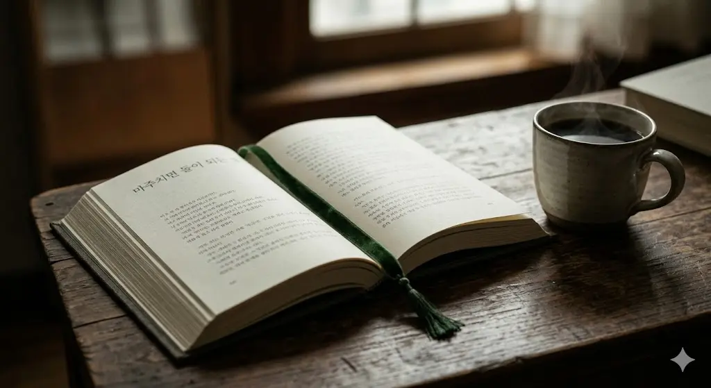 마주치면 돌이 되는 소설집 중 이백록 작가의 붉은 점 단편이 펼쳐져 있고 책갈피가 꽂혀 있는 긴장감 넘치는 독서 장면