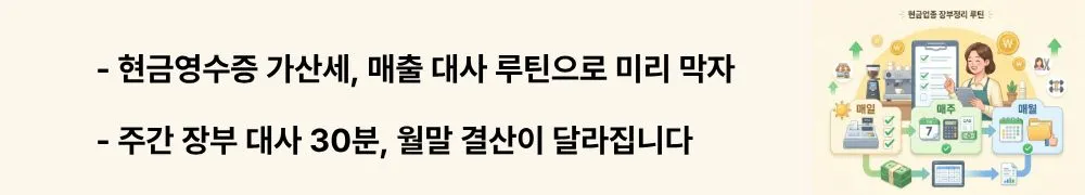 현금거래 많은 업종 장부정리: [현금영수증 가산세, 매출 대사 루틴으로 미리 막자]라는 문구가 포함된 웹배너 이미지. 이 이미지는 현금거래 업종의 주간 매출 대사 방법과 현금영수증 가산세 예방법을 시각적으로 전달하며, 현금업종 세무신고와 관련된 내용을 설명함.