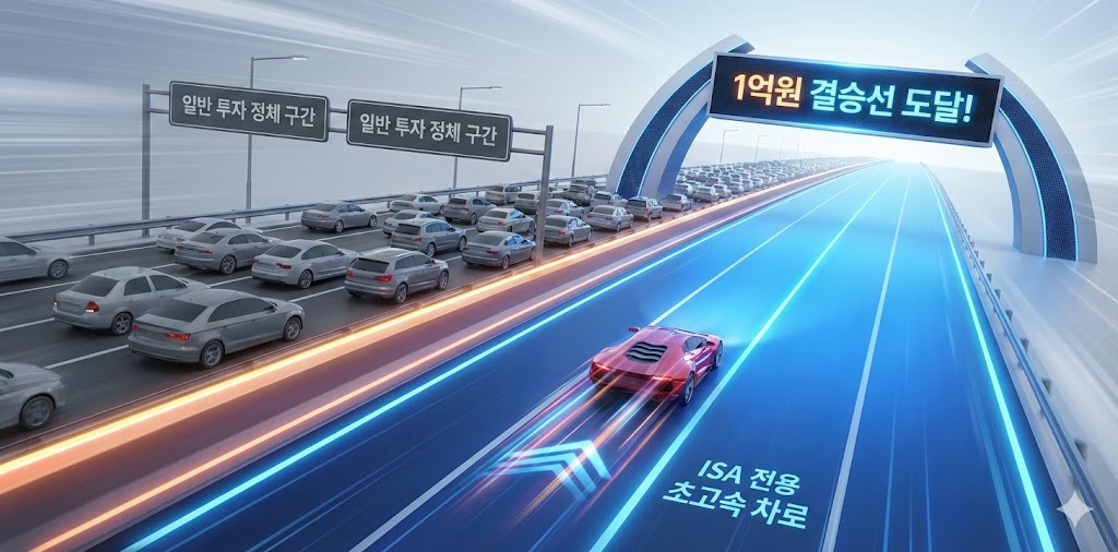 일반 도로는 꽉 막혀 있는데, ISA 전용 차선은 하이패스처럼 뻥 뚫려 시원하게 달려가는 자동차 일러스트