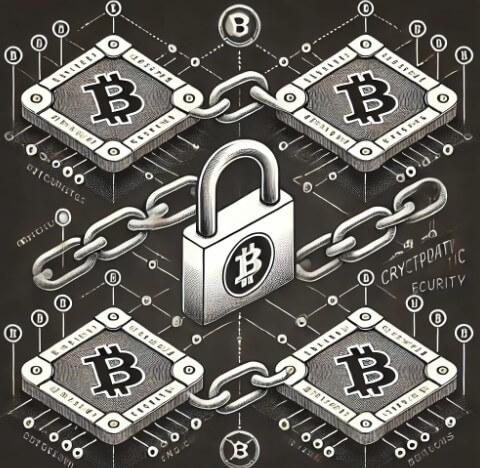블록체인이 자물쇠가 되어 비트코인 심볼을 둘러싸는 그림