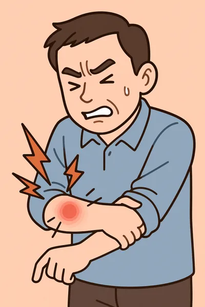 외측상과염으로 팔꿈치를 움켜쥔 남성 그림