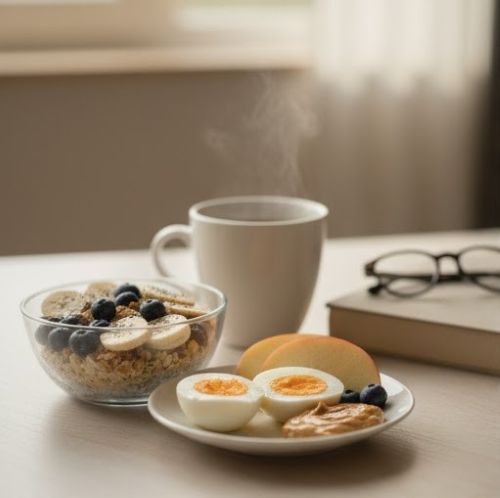 삶은 달걀, 사과, 오트밀 등 단백질과 식이섬유가 풍부한 건강한 아침 식단 구성