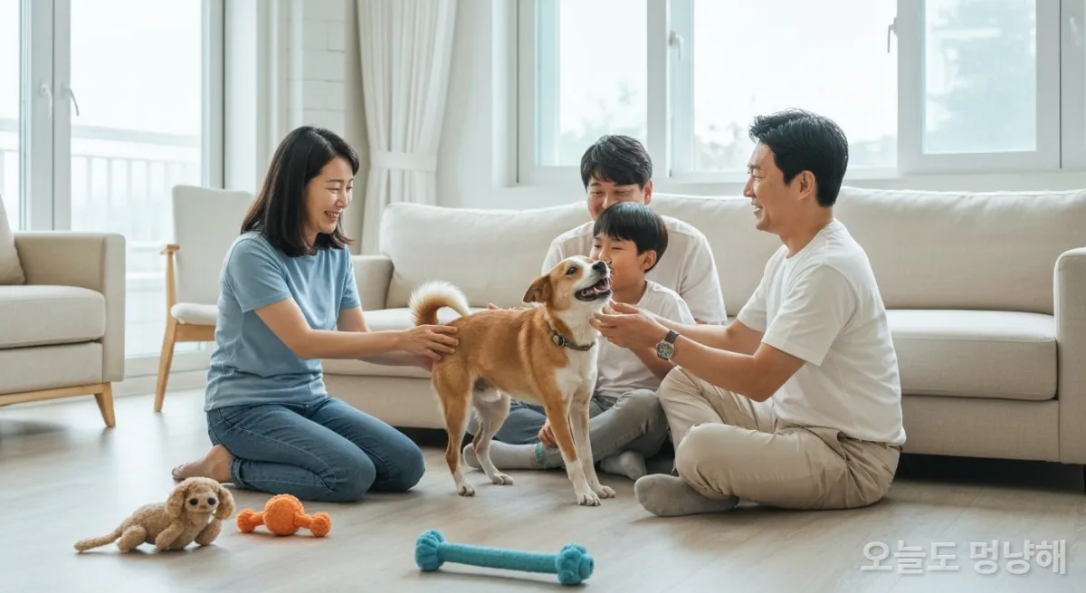 믹스견과 함께 즐거운 시간을 보내는 한국인 가족의 모습