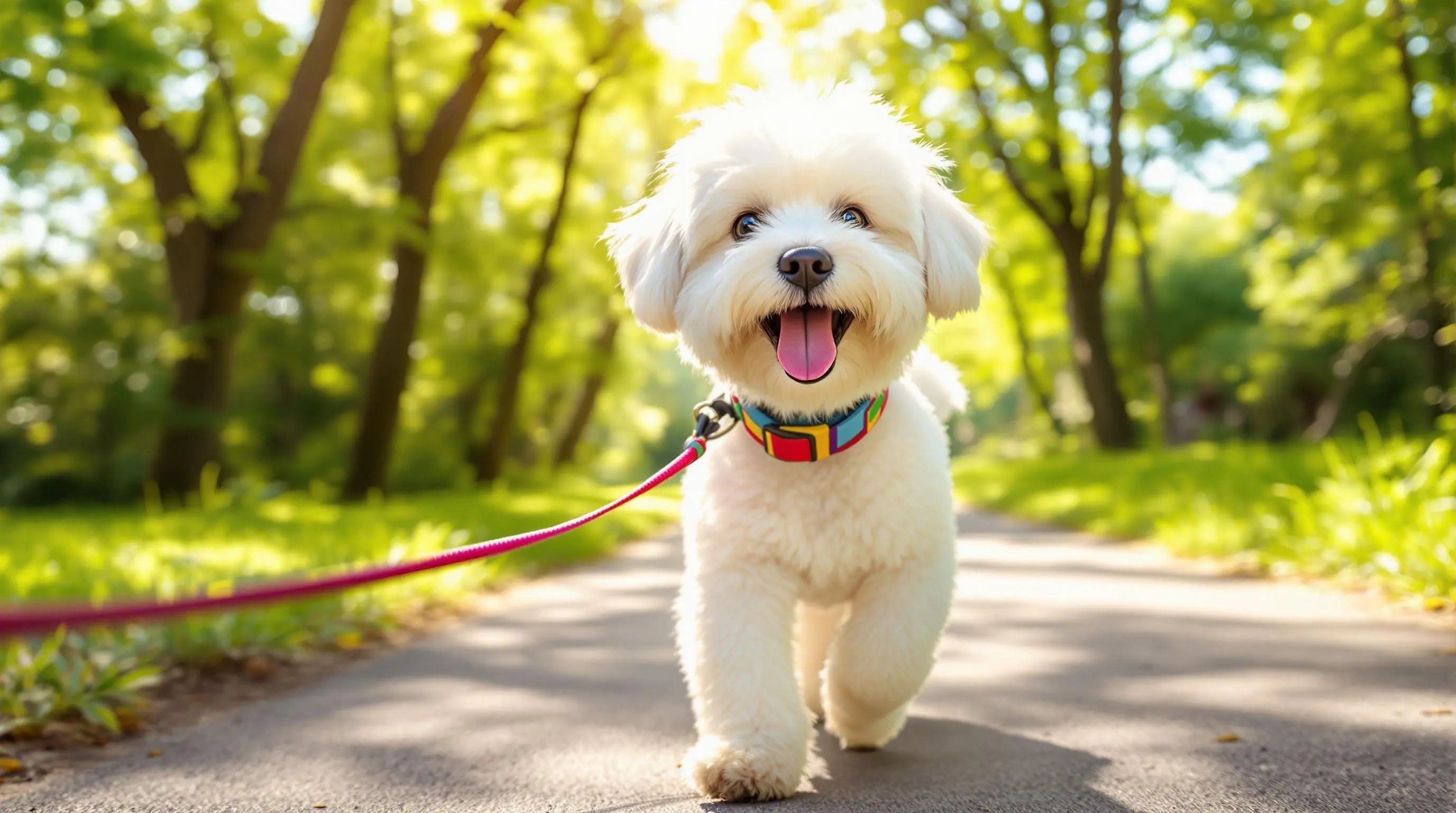 푸른 공원이 펼쳐진 산책로를 걷는 귀여운 말티즈, 맑은 날씨와 즐거운 산책