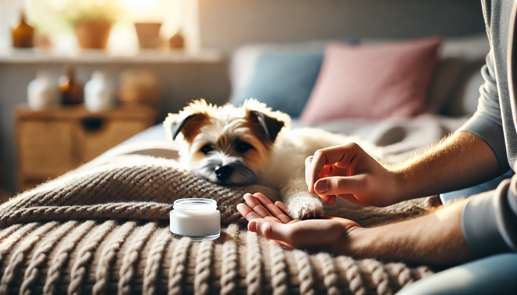 햇살이 들어오는 따뜻한 실내에서 보호자의 손이 강아지의 발바닥에 보습제를 바르고 있는 장면. 강아지는 부드러운 담요 위에 편안히 누워 있으며, 조용하고 평화로운 분위기다.