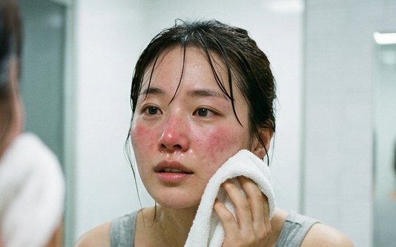 세안 후 피부가 당기고 붉어진 예민한 피부 상태 이미지