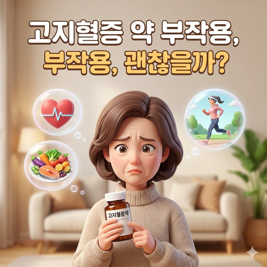 고지혈증 약 복용을 고민하는 여성이 근육통과 소화불량 증상을 느끼는 모습, 약의 부작용에 대한 우려를 표현하는 3D 카툰 일러스트.